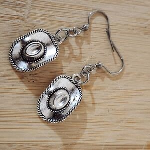 Hand Crafted Elegant Dangle Pierced Cowboy Hat Earrings Antique Silver Cowgirl